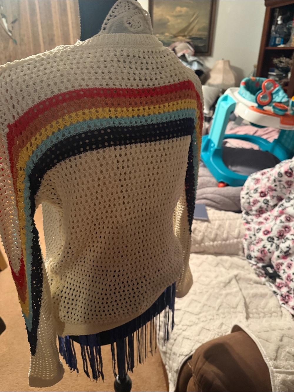 Cream Open-Knit Sweater with Rainbow Stripe Detail - Picture 3 of 6